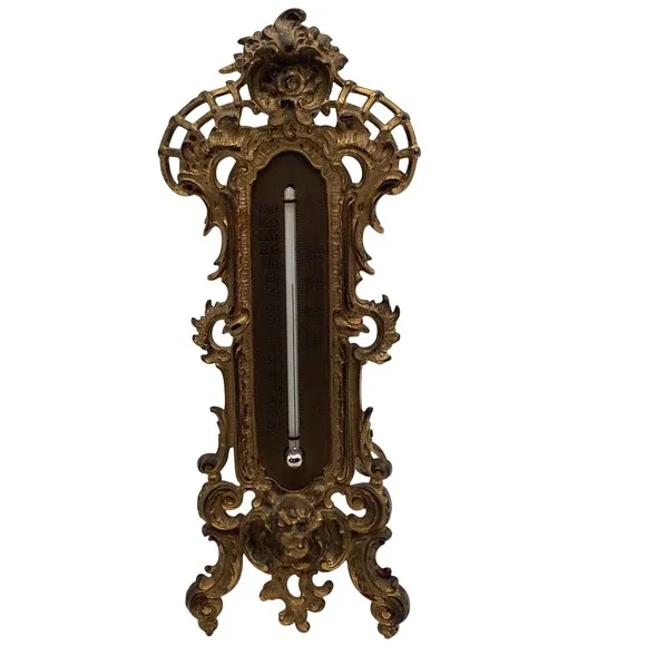 Antique Gilt Brass Cherub Desk Wall Thermometer Ornate Victorian - Picture 1 of 9